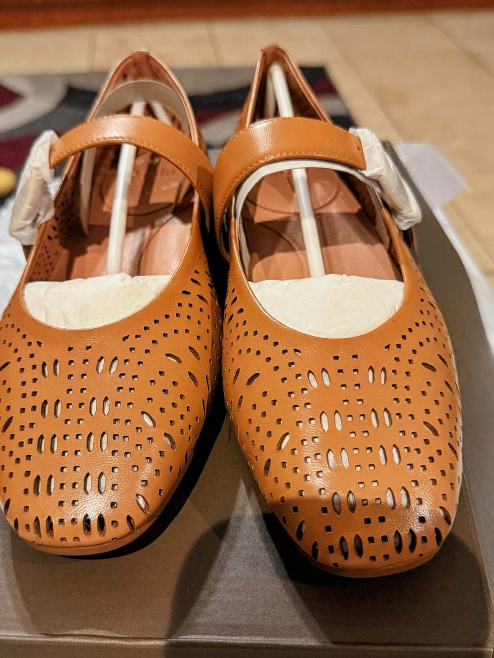 Perforated Tan Mary Jane Flats with Strap by Paola.
